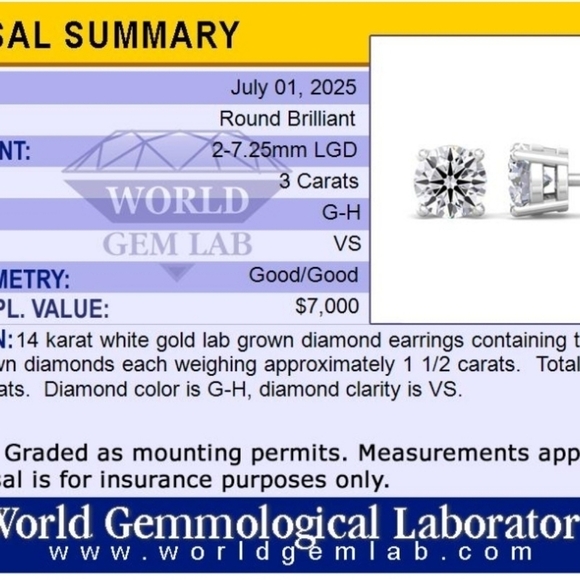 3 ct Lab Grown Diamond Stud Earrings G Color VS Clarity 14K White Gold - Picture 6 of 6